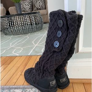 UGG Australia Black Classic Knit Tall Sweater Boots. 3 large buttons on outside